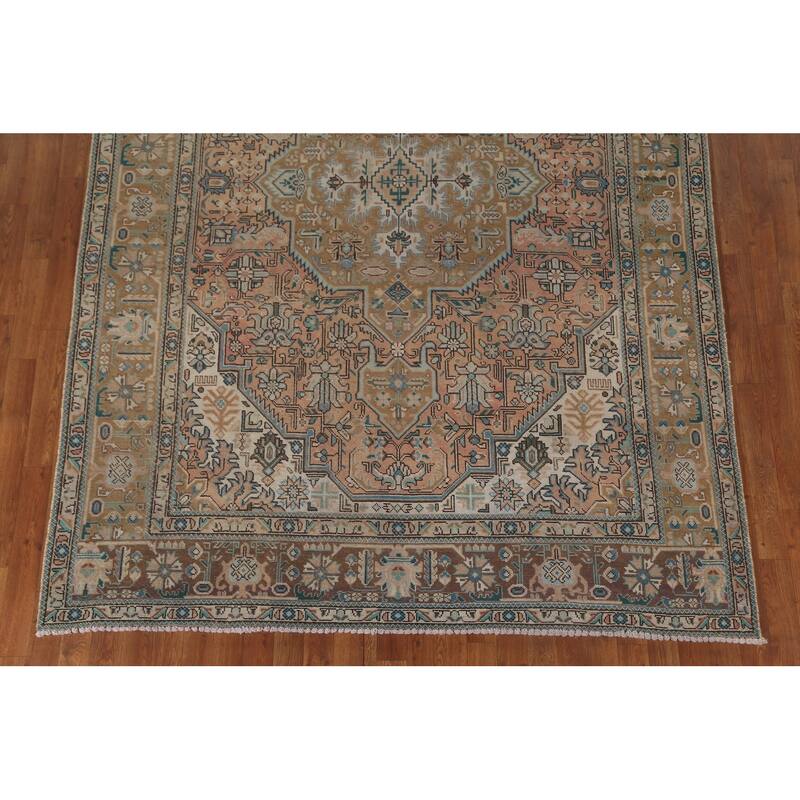 Geometric Tabriz Vintage Area Rug Hand-Knotted Wool Carpet - 6'8" x 9'7"