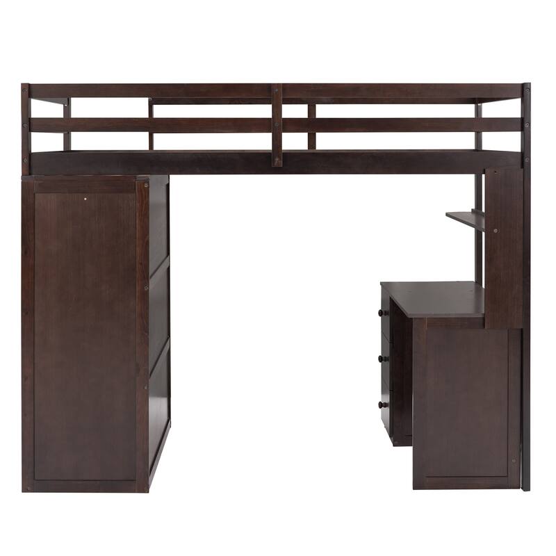 Loft Bed Versatile Storage Bed Frame with Wardrobes, Desk, 3 Drawers, Solid Pine Wood Frame with Full-length Guardrail