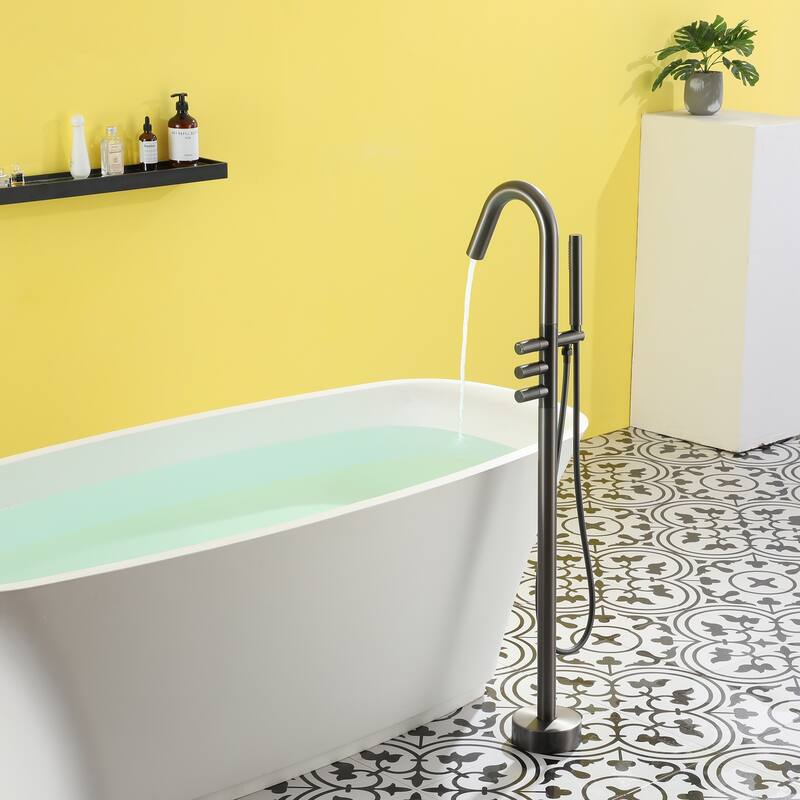 Freestanding Floor Mount 3-Handle Bath Tub Filler Faucet with Handheld Shower