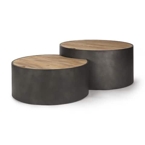 Eclipse Gunmetal Grey Drum Base w/ Medium Brown Solid Wood Top Nesting Coffee Tables (Set of 2)