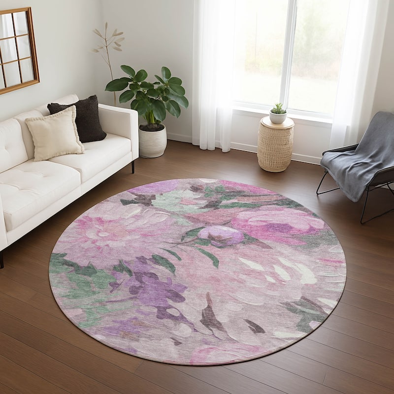 Machine Washable Indoor/ Outdoor Watercolor Floral Chantille Rug