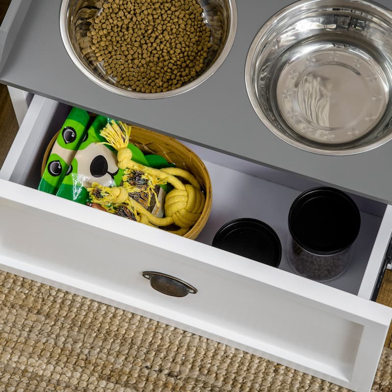 PawHut Dog Feeding Station with Storage Drawer, Removable Elevated Dog Bowls for Large Sized Dogs, White and Black