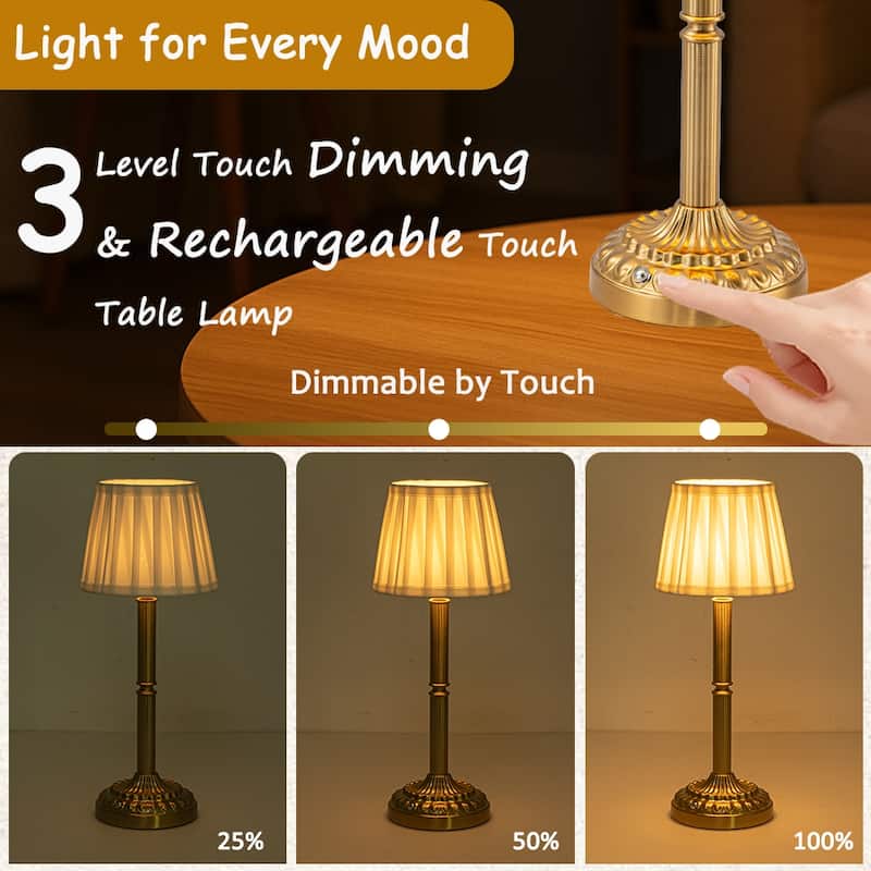 ALOADECOR Glam Cordless Brass Table Lamp Touch Control with 3 Way Classic Elegant Dimmable LED Nightstand Lamp with Fabric Shade
