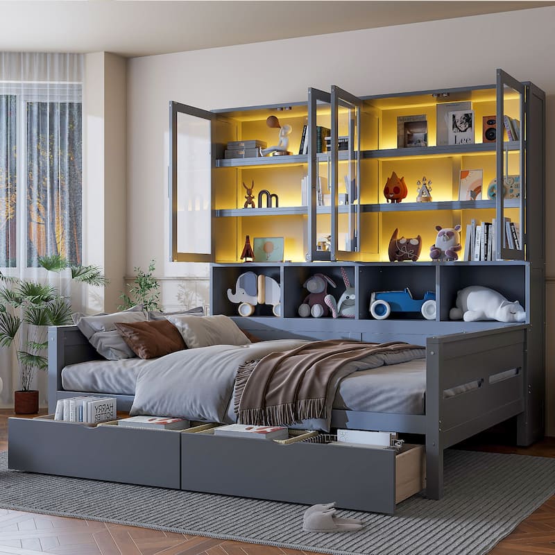Full Size Solid Wood Storage Bed Frame with 2 Big Drawers Full Size Daybed with Glass-Door Storage Cabinets