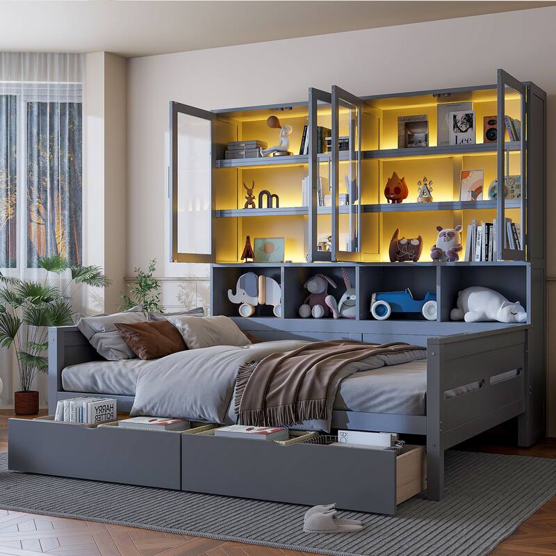 Roomfitters Wooden Daybed with Glass-Door Cabinets, Built-in Lighting and Storage Shelves