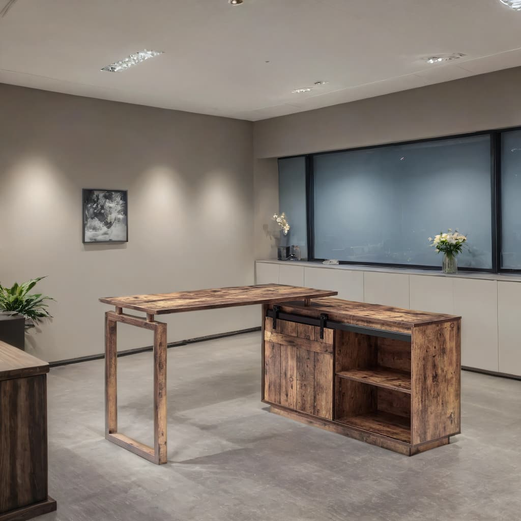 L Shaped Home Office Desk with Storage Credenza and Sliding Barn Door