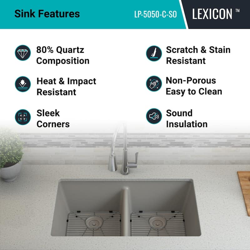 Lexicon Double Bowl 50/50 Undermount Granite Kitchen sink Galaxy Concrete - 19" W x 32" L x 9.75" H