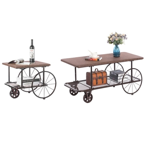 Industrial Wagon Style Coffee Table Rustic End Table Magazine Holder. Set of 2. Opens flyout.