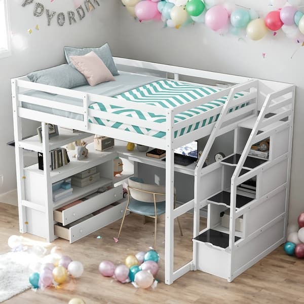slide 2 of 32, Multifunctionl Full Size Loft Bed With Desk And Shelves,Two Built-in Drawers White