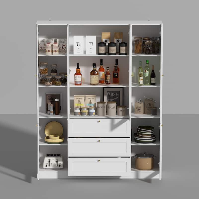 Kitchen Pantry Storage Cabinet with Hutch &Glass Doors & 3 Drawers - 78.7"H