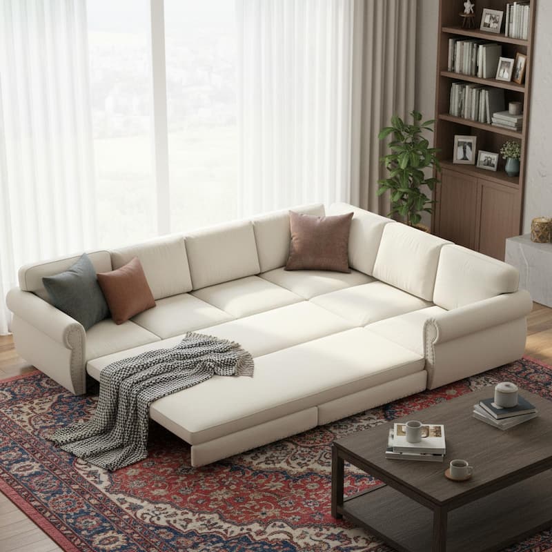 Homy Casa L-Shaped Sectional Sofa w/ Pull-Out Bed, Chenille Sleeper Couch w/ Nailhead Trim & Rolled Arm, Oversize