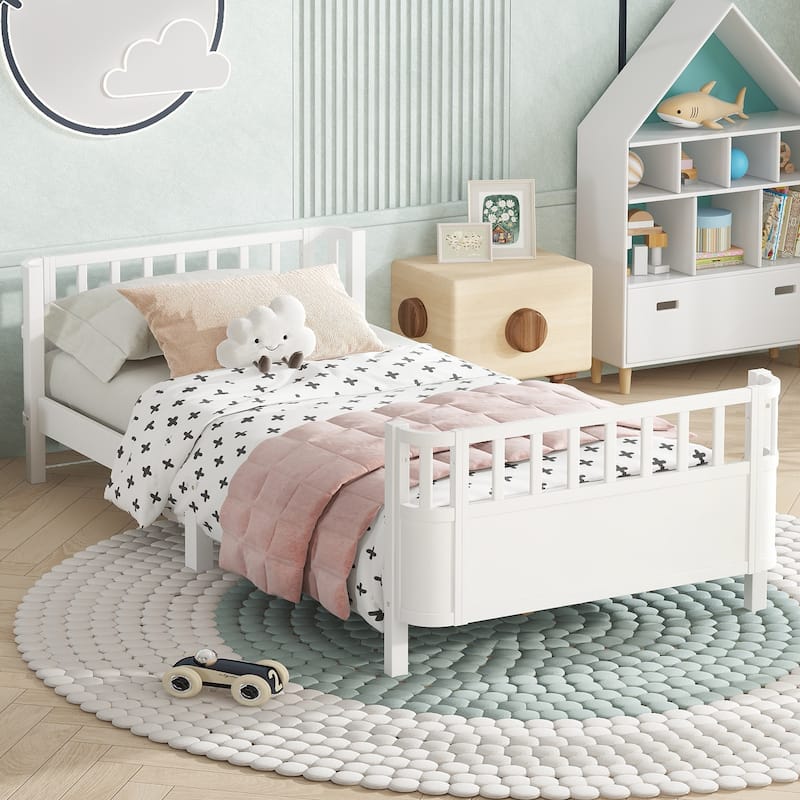 Multi Size Low Platform Bed for Kids with Rounded Corners Guardrails, Detachable Right-side Fence and Open Left-side Design