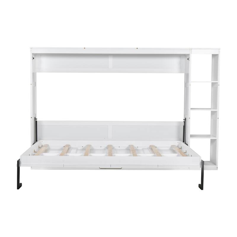 Full Size Murphy Bed Cabinet with Bookshelf, Space-Saving Foldable Wood Wall Bed Frame w/Hidden Bed Foundation & Slats Support