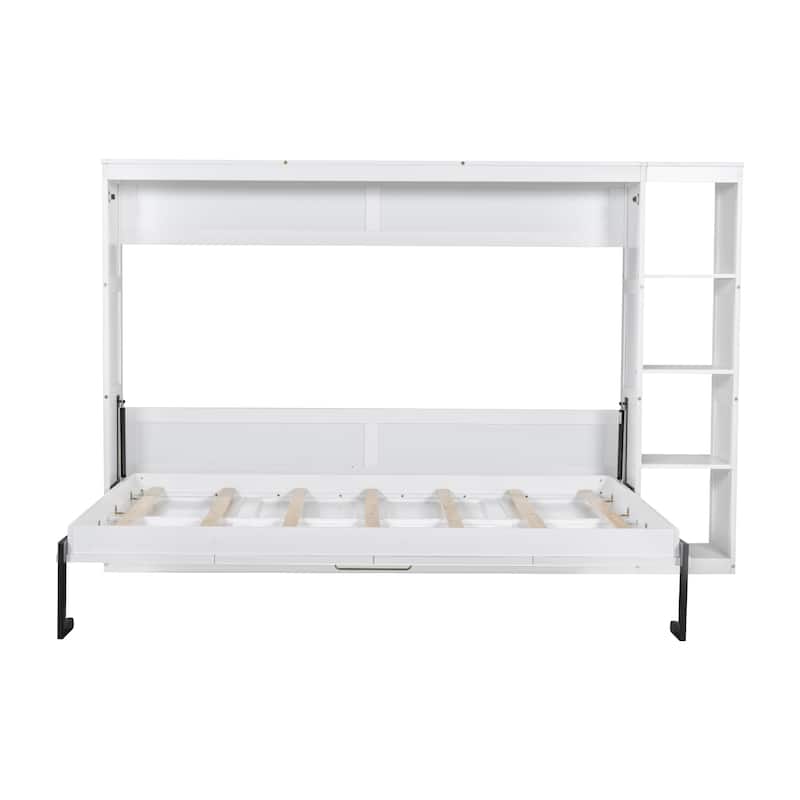 Space-Saving Full Size Murphy Bed with Bookshelf and Storage, White