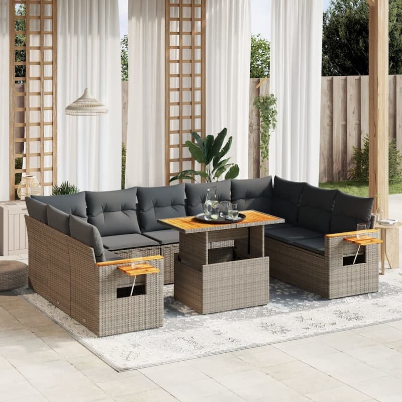 vidaXL Patio Sofa Set with Cushions Outdoor Furniture 11 Piece Poly Rattan - 21.7 x 39.4 x 28.7 in - Grey