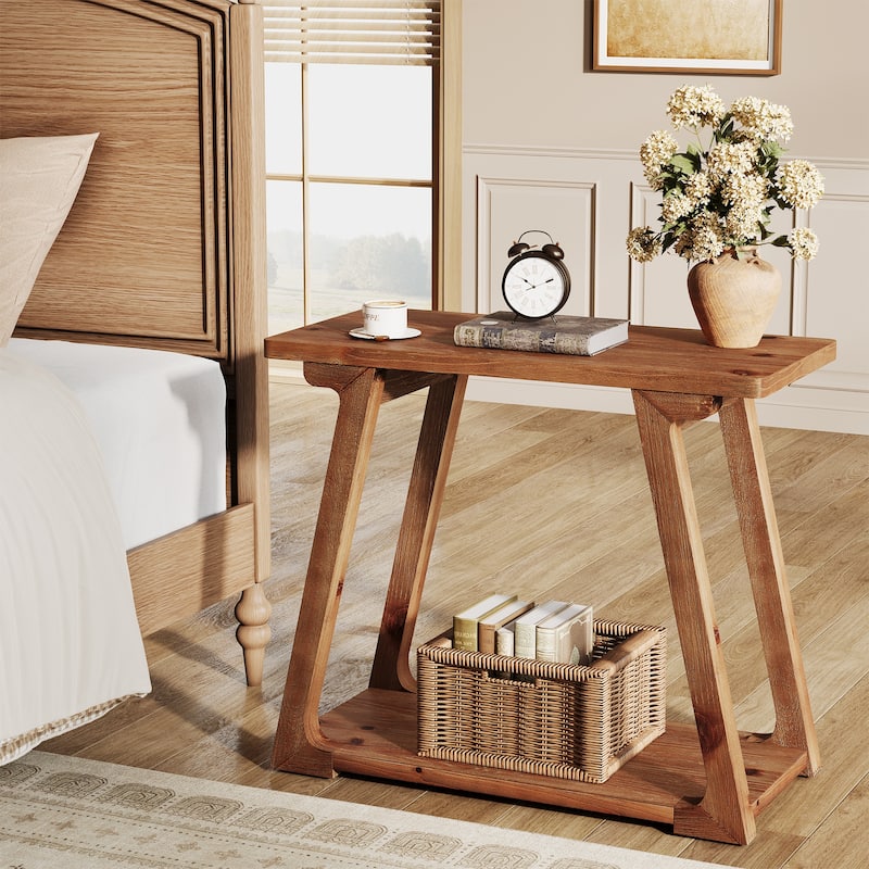 Narrow Side Table Solid, Wood End Table with 2-Tier Storages