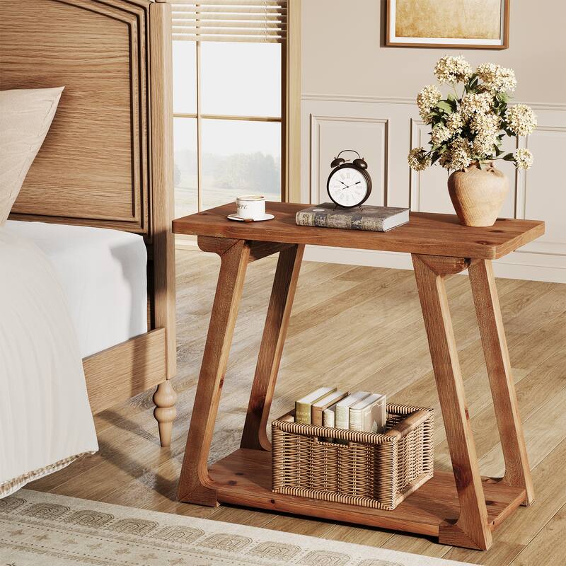 Solid Wood End Table, Narrow Side Table with 2-Tier Storages