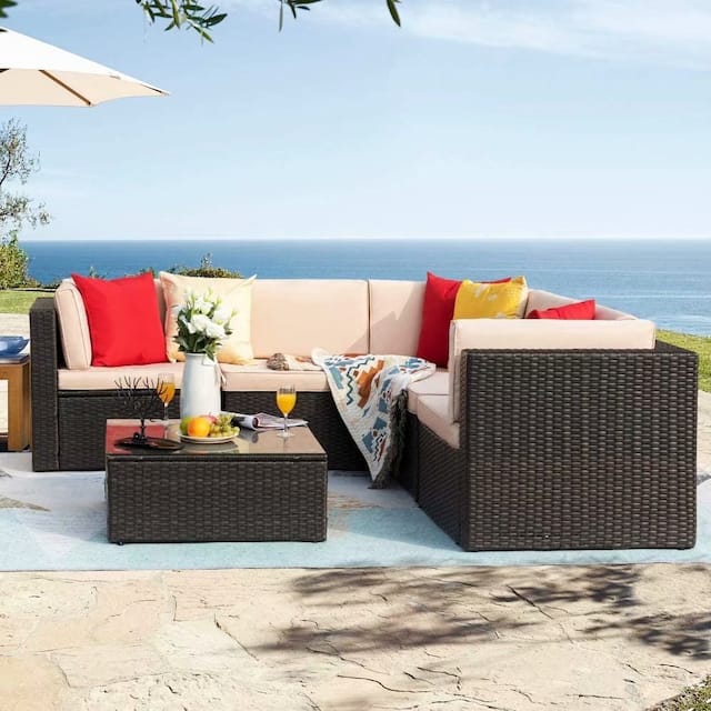 Homall 6 Pieces Patio Furniture Sets Outdoor Sectional Sofa All Weather PE Rattan Patio Conversation Set Manual Wicker Couch