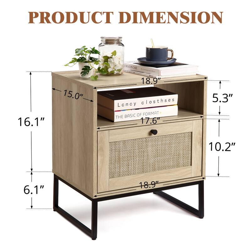 Rattan Nightstand, Side Table with Storage, Modern Boho End Table On