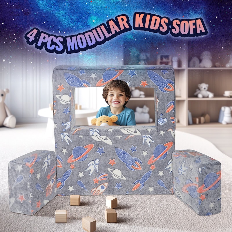 Pure Grey Velvet Modular Kids Sofa Bed with Glow Fabric and Safe Zippers - 39.37” L x 39.37” W x 7.87” H