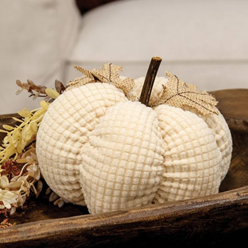 Ivory Waffle Weave Pumpkin w/Burlap Leaves - 4.75" dia.