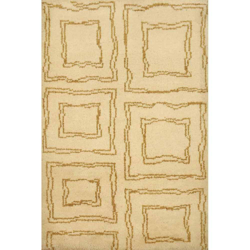 Hand Knotted Oriental 100% Wool Carpet Modern Geometric Beige & Ivories Gabbeh Area Rug - 3' 1'' X 2' 2''