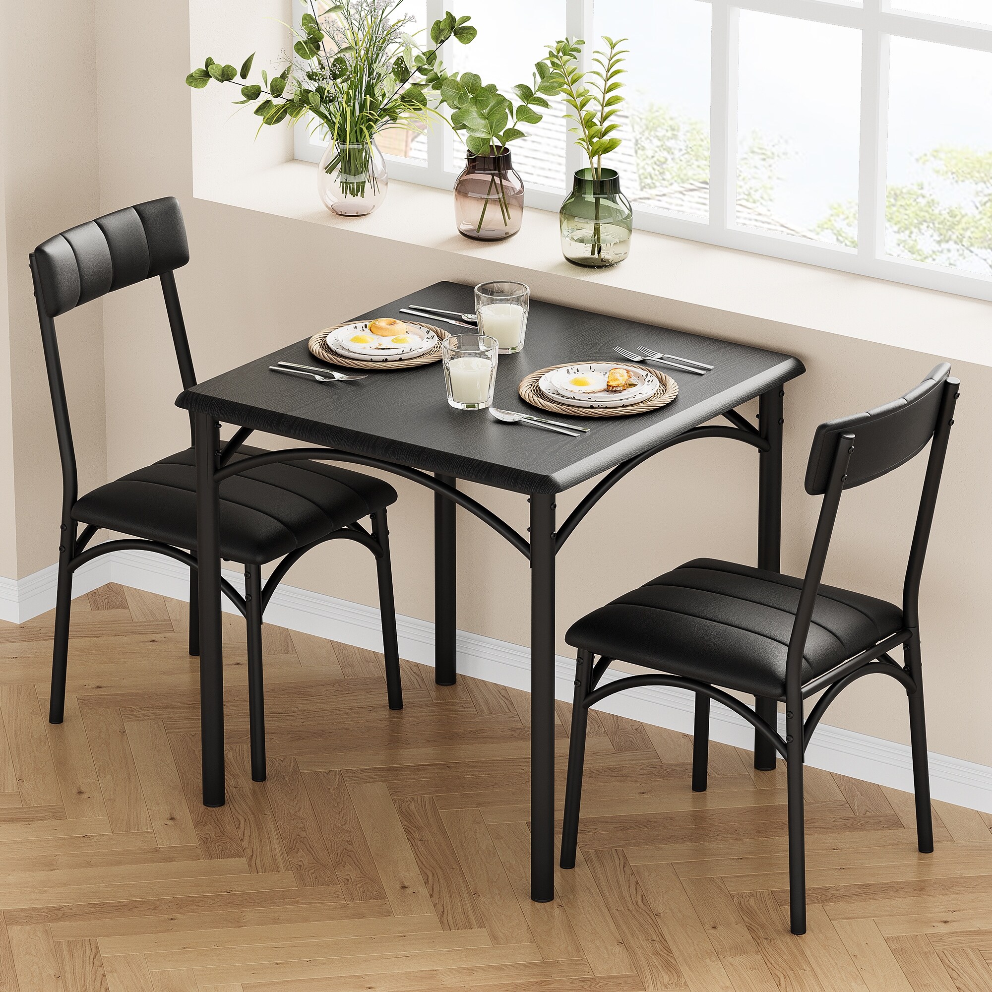 Square Kitchen Table with Upholstered Chairs for 2, for Apartment, Home
