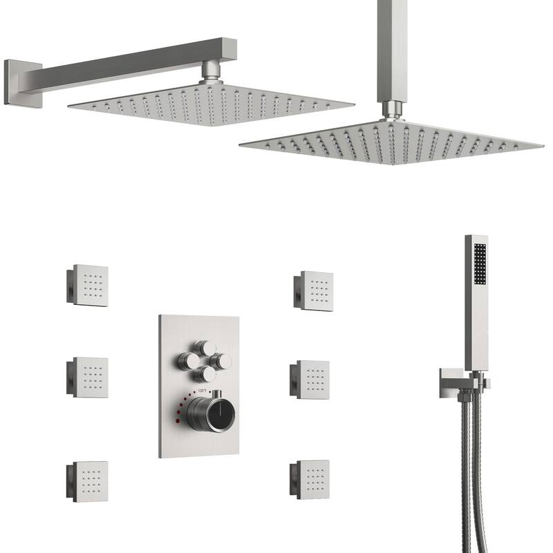 Thermostatic Dual Shower Head System ,12" High-Pressure Rainfall Shower Faucet with Four-Function Sprays