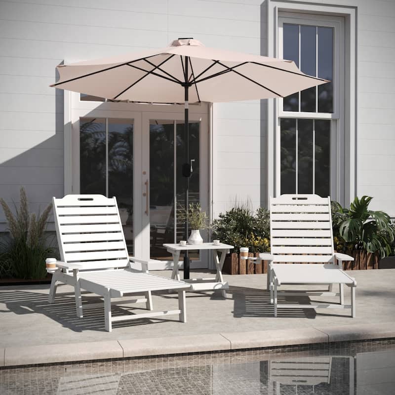 3pc Commercial Indoor/Outdoor Adirondack Set with 2 Loungers, Side Table - White