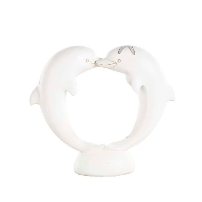 White Polystone Heart Shaped Dolphin Decorative Sculpture with Blue Coral Patterns
