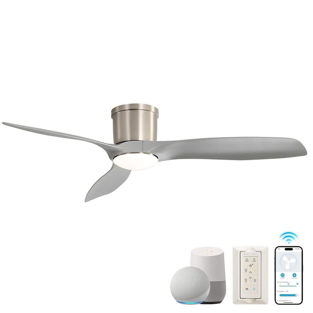 52-Inch Smart Ceiling Fan With Light,Flush Mount Ceiling Fan With Remote Control.3 Grey ABS Blades,18W Dimmable Light - Nickel