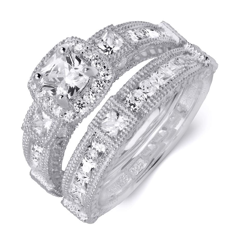 MayaMila 1.5 Carat Princess Cut Wedding Band Bridal Ring Set Real Solid Silver