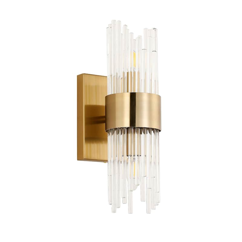 2-Light Modern Brass Wall Sconce with Clear Ribbed Glass Shade