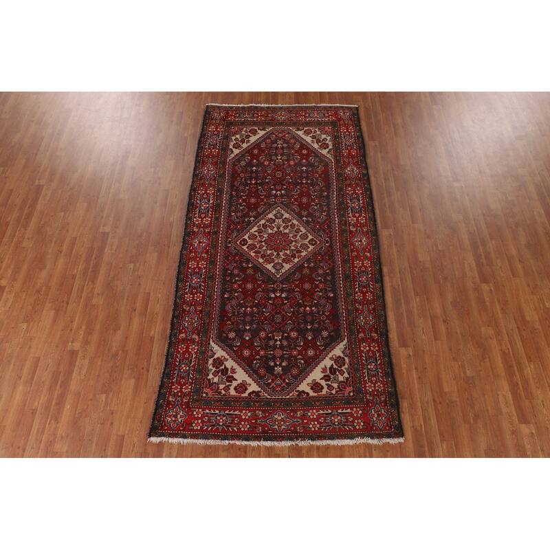 Hamedan Persian Vintage Rug Hand-Knotted Geometric Wool Carpet - 5'1"x 10'3"