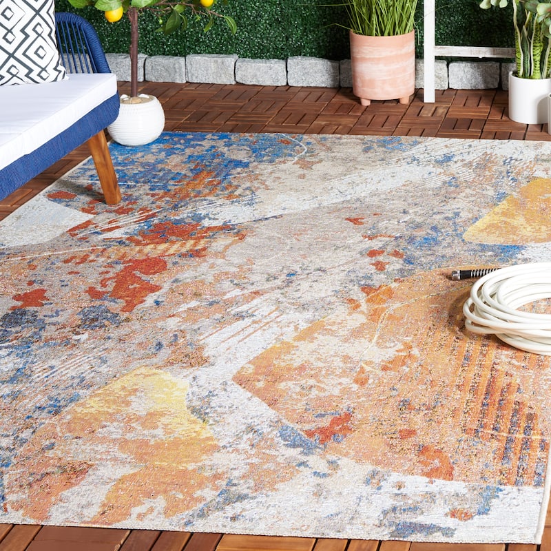 SAFAVIEH Barbados Eylem Indoor/Outdoor Tropical Abstract Waterproof Patio Backyard Rug - 4' x 6' - Blue/Rust