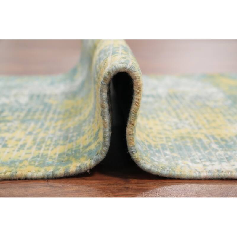 Hand Knotted Oriental Viscose Silk Carpet Modern All-Over Green Abstract Area Rug - 4' 0'' X 2' 0''