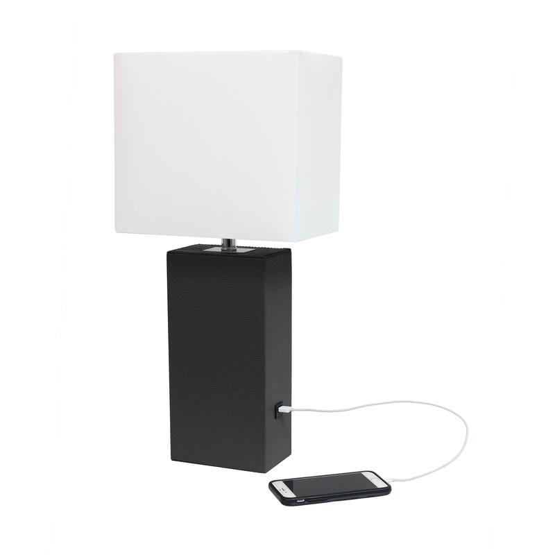 Modern Leather Table Lamp with USB and White Fabric Shade