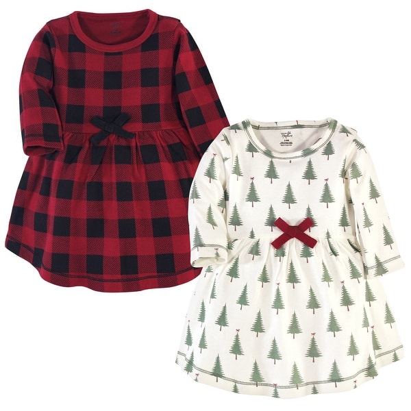 slide 2 of 2, Touched by Nature Baby and Toddler Girl Organic Cotton Long-Sleeve Dresses 2pk, Tree Plaid 2T - Baby Toddler Tree Plaid Long Sleeve