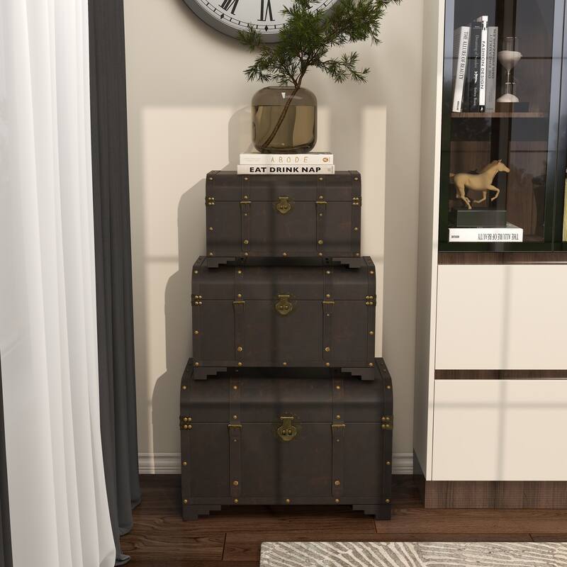 Brown Wooden Nesting Upholstered Decorative Trunk with Vintage Accents and Studs (Set of 3)