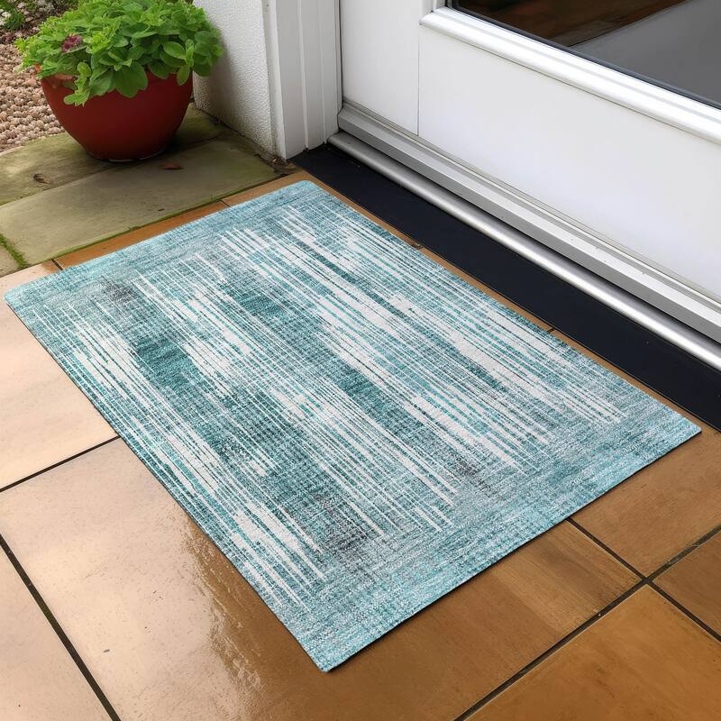Machine Washable Indoor/ Outdoor Chantille Ombre Abstract Rug - Teal - 1'8" x 2'6"