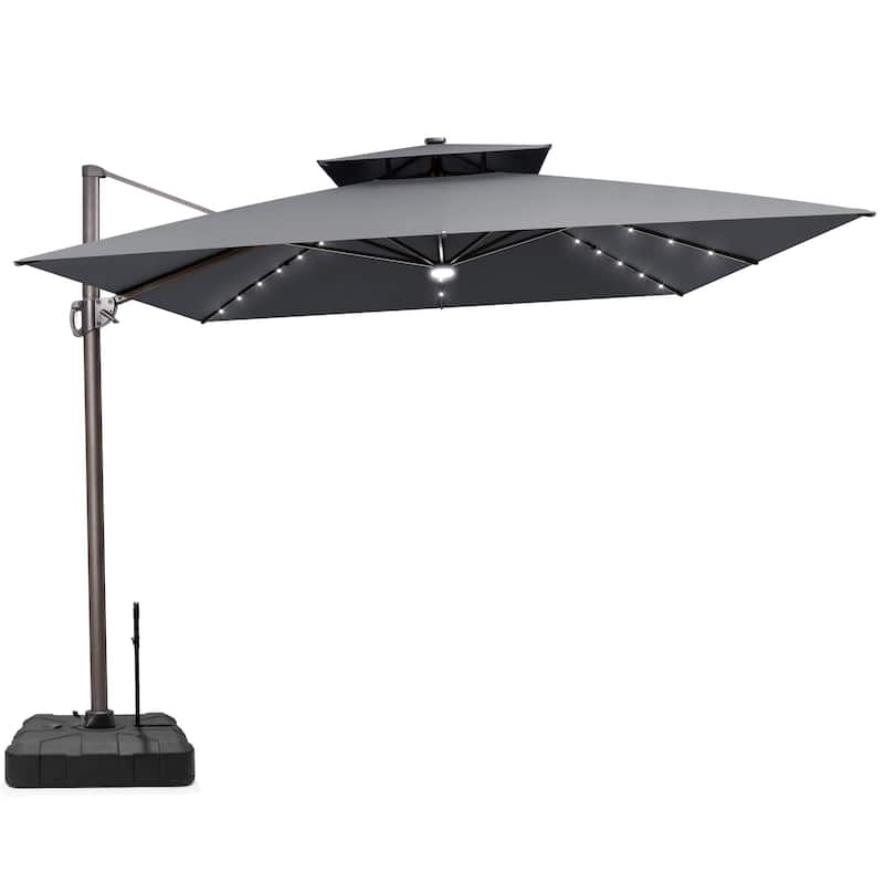 11 FT Outdoor LED Double Top Patio Cantilever Umbrella with Base Stand - Dark Grey