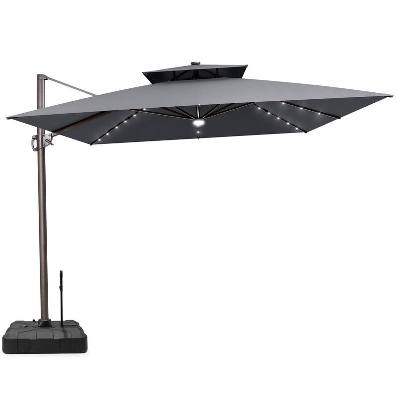11 ft Outdoor Aluminum Dual Top Solar Powered LED Patio Cantilever Umbrella and Weighted Base with Wheels and Drag Rod