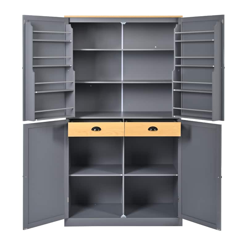 Tall Kitchen Pantry w/ 2 Drawers & 4 Doors, Freestanding Large Cupboard Storage Cabinet w/ 2 Adjustable Shelves & 8 Door Shelves