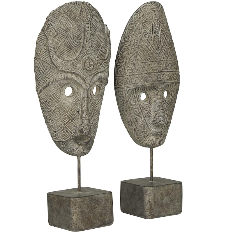Polystone Mask Handmade Carved Decorative Sculpture - Set of 2 Gray - Roche River Decor
