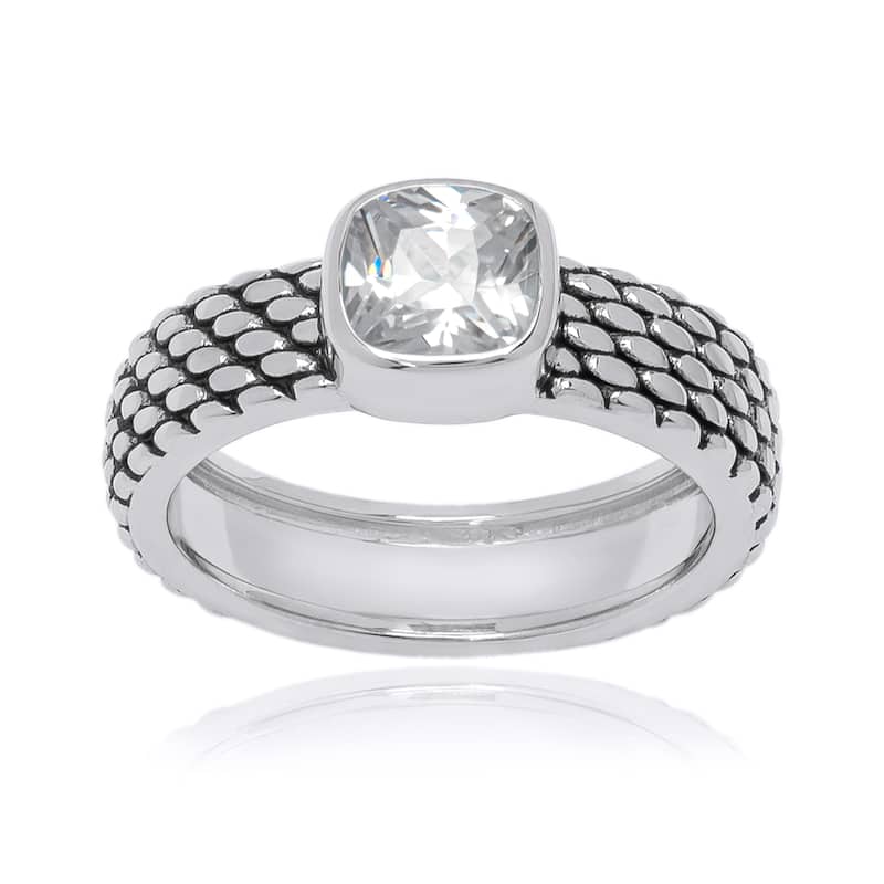 Victoria Townsend .925 Sterling Silver Mesh Ring w/Bezel Set Cushion Cut Amethyst Stone - Clear - 7
