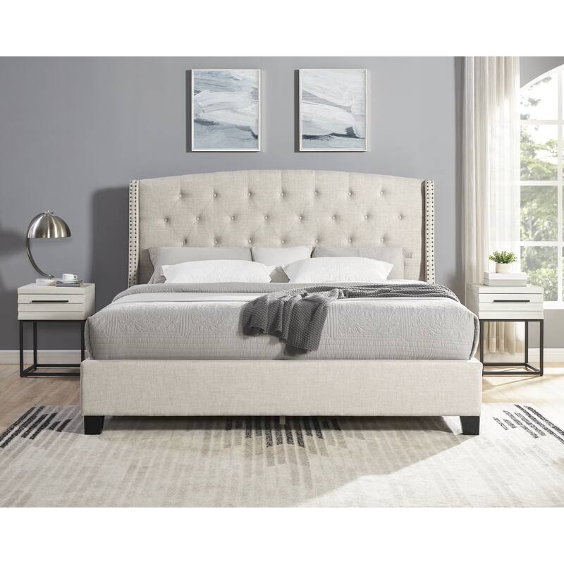 3-Piece Upholstered Bedroom Set, Tufted Wingback Bed with Two Nightstands