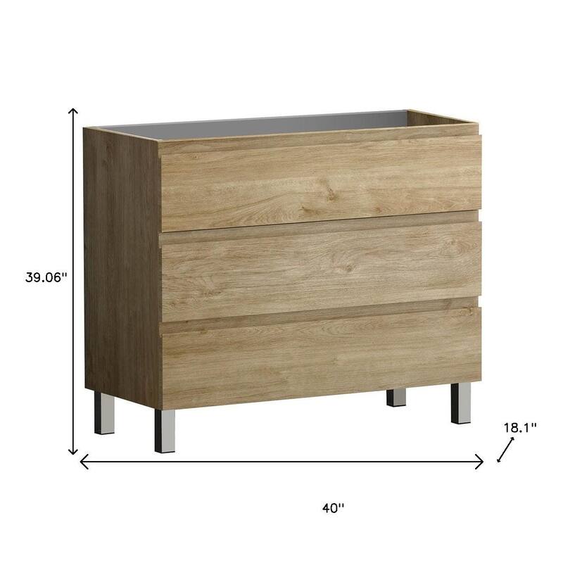 HomeRoots 40" Oak Wood Freestanding Bathroom Vanity With White Sink And Three Drawers - 40.00 in. x 39.06 in. x 18.10 in.