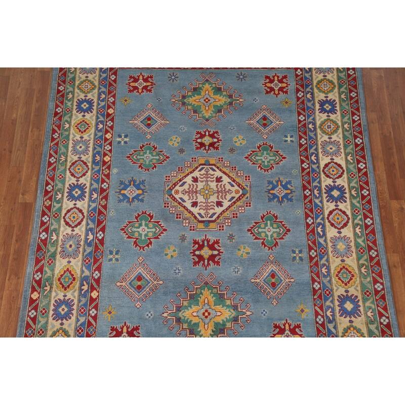 Hand Knotted Oriental 100% Wool Carpet Traditional Geometric Navy Blue & Blues Kazak Area Rug - 9' 6'' X 6' 8''