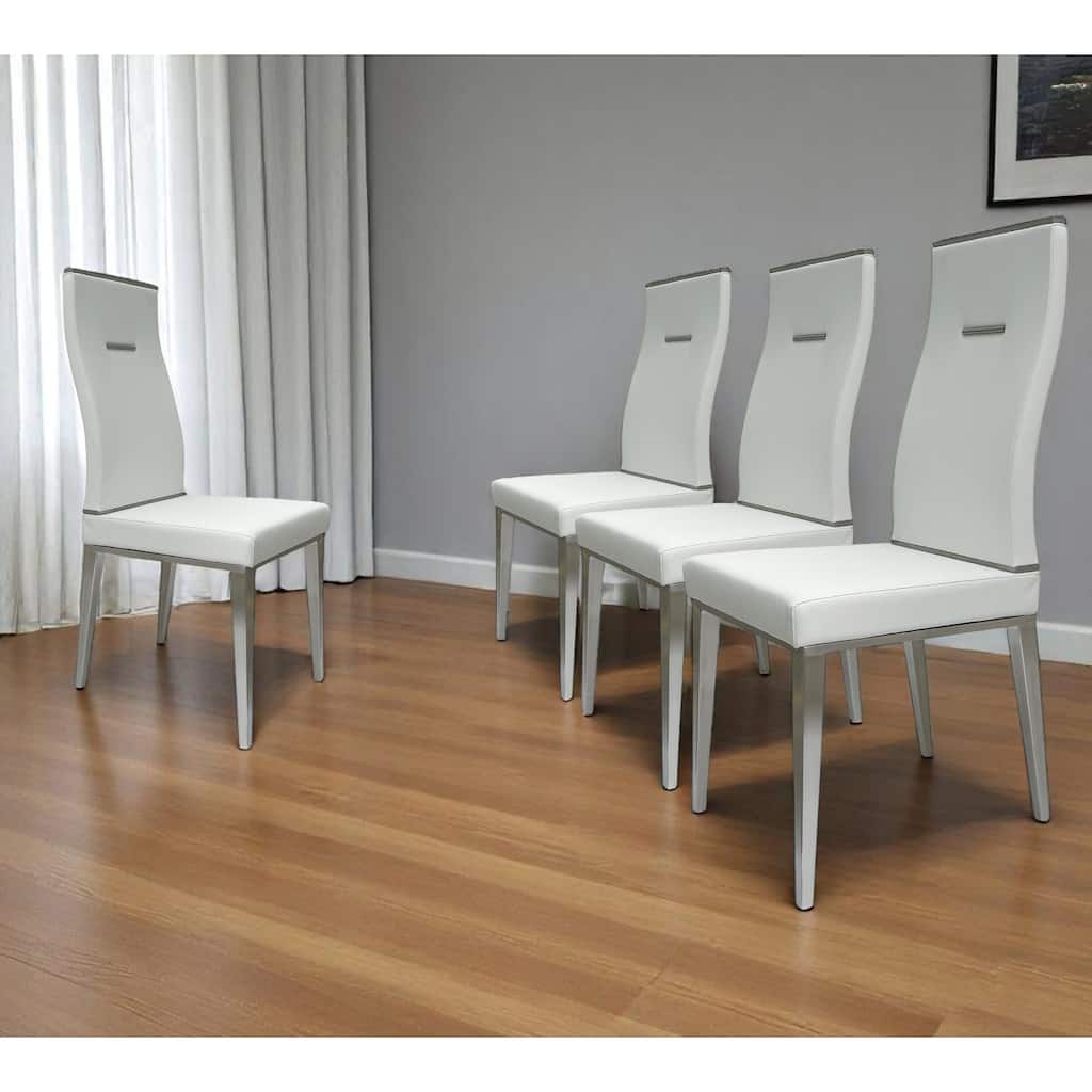 HomeRoots Set of Four White and Silver Upholstered Faux Leather Dining Side Chairs - 13.30 in. x 42.00 in. x 15.07 in.