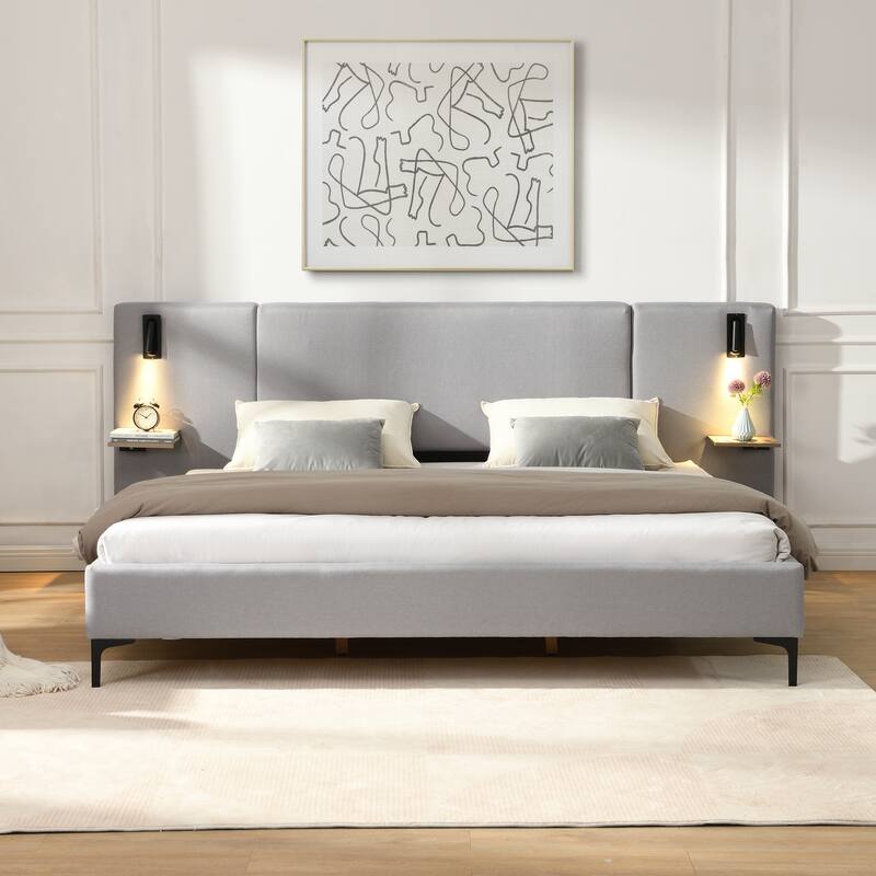 Chic Queen/King Size Upholstered Platform Bed with Oversized Headboard, Linen Fabric Bedframe with Integrated Lights and Shelves